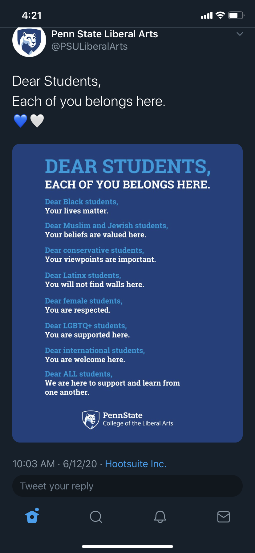 Deleted PSU Liberal Arts tweet